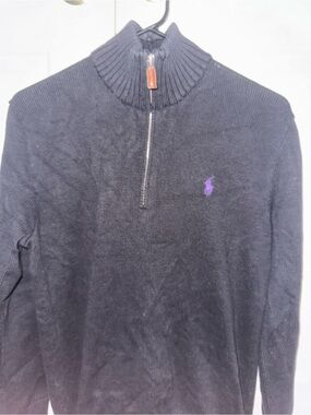 Polo by Ralph Lauren Men's Black Half-Zip Knit Sweater with Purple Pony